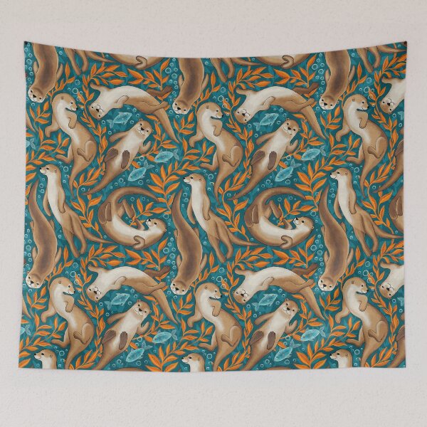 Item preview, Sweet Swimming Otters in Dark Teal and Orange Gouache designed and sold by micklyn.