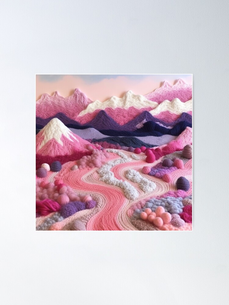 Pink Colour Based Scenic Background of Hills and Mountains Crochet | Poster