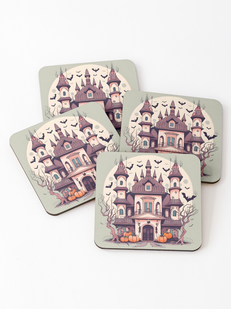 Thumbnail 1 of 5, Coasters (Set of 4), Halloween Spooky Castle Drawing designed and sold by Patricks-Art.