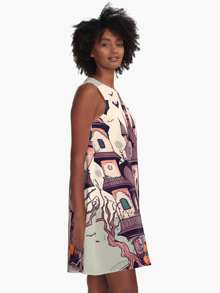 Thumbnail 2 of 4, A-Line Dress, Halloween Spooky Castle Drawing designed and sold by Patricks-Art.