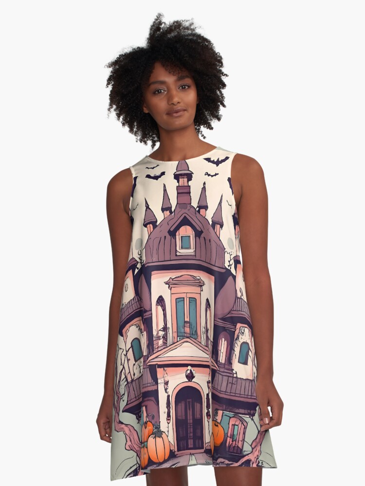 Thumbnail 1 of 4, A-Line Dress, Halloween Spooky Castle Drawing designed and sold by Patricks-Art.