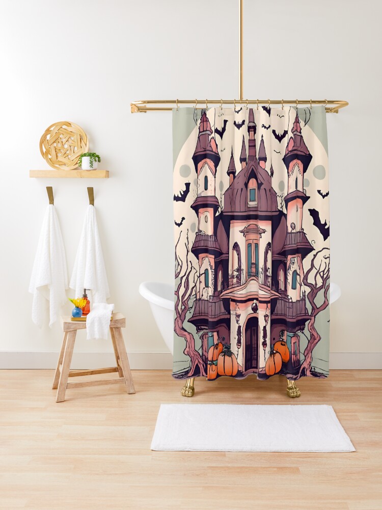 Thumbnail 1 of 5, Shower Curtain, Halloween Spooky Castle Drawing designed and sold by Patricks-Art.