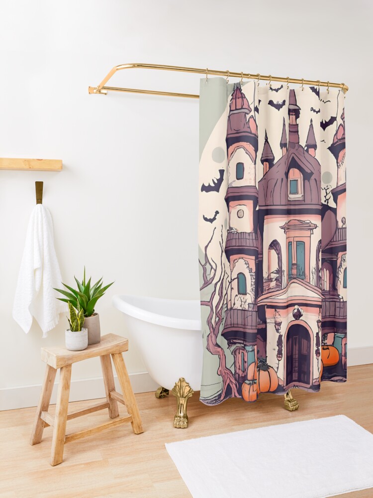 Thumbnail 3 of 5, Shower Curtain, Halloween Spooky Castle Drawing designed and sold by Patricks-Art.