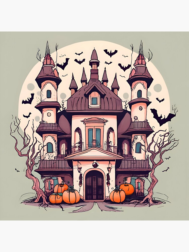 Thumbnail 3 of 3, Sticker, Halloween Spooky Castle Drawing designed and sold by Patricks-Art.