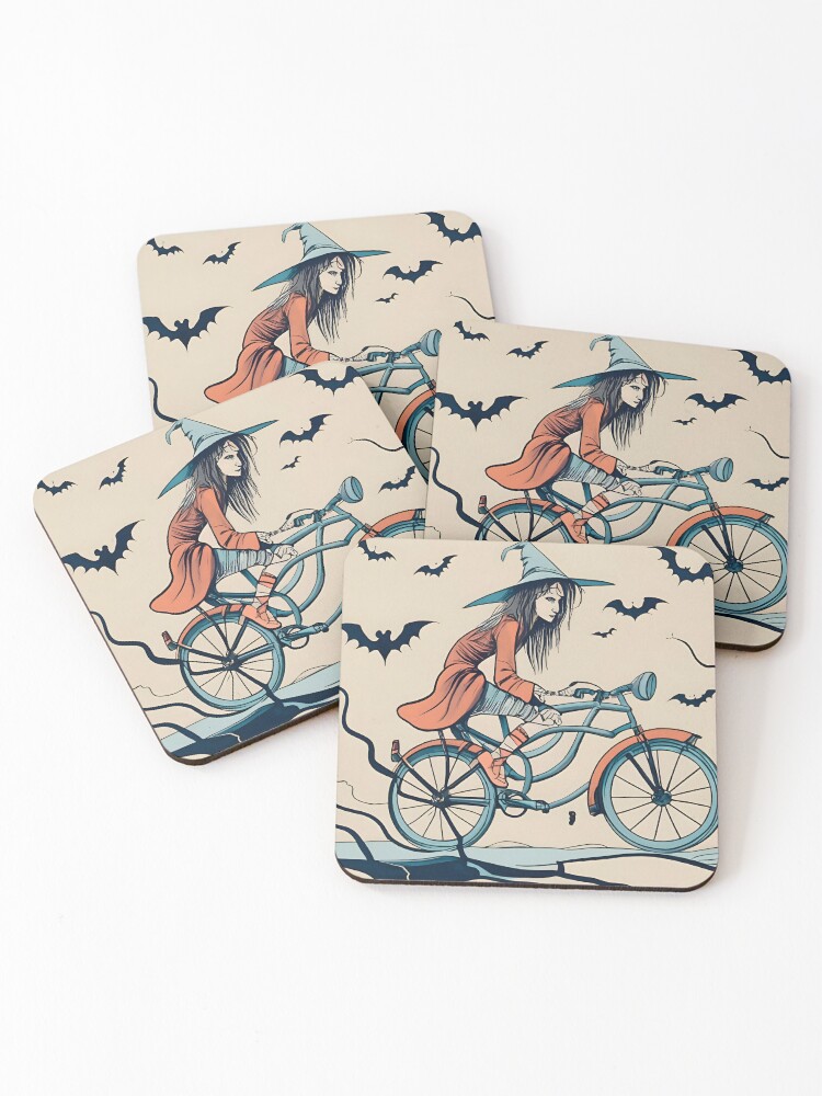 Thumbnail 1 of 5, Coasters (Set of 4), Halloween Witch on a bicycle designed and sold by Patricks-Art.
