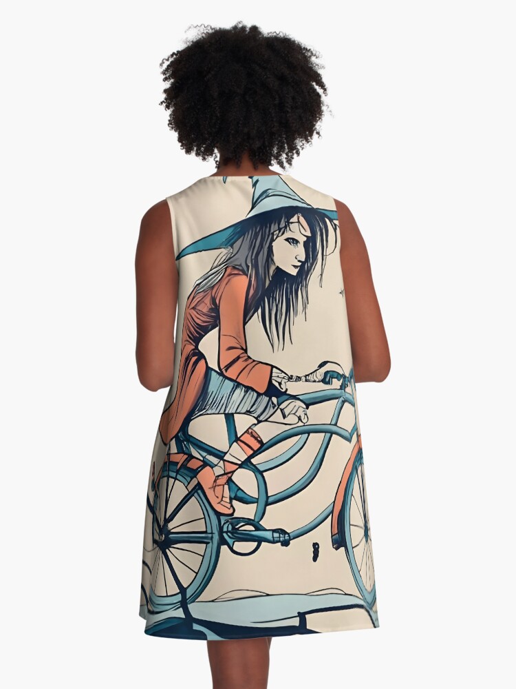 Thumbnail 3 of 4, A-Line Dress, Halloween Witch on a bicycle designed and sold by Patricks-Art.