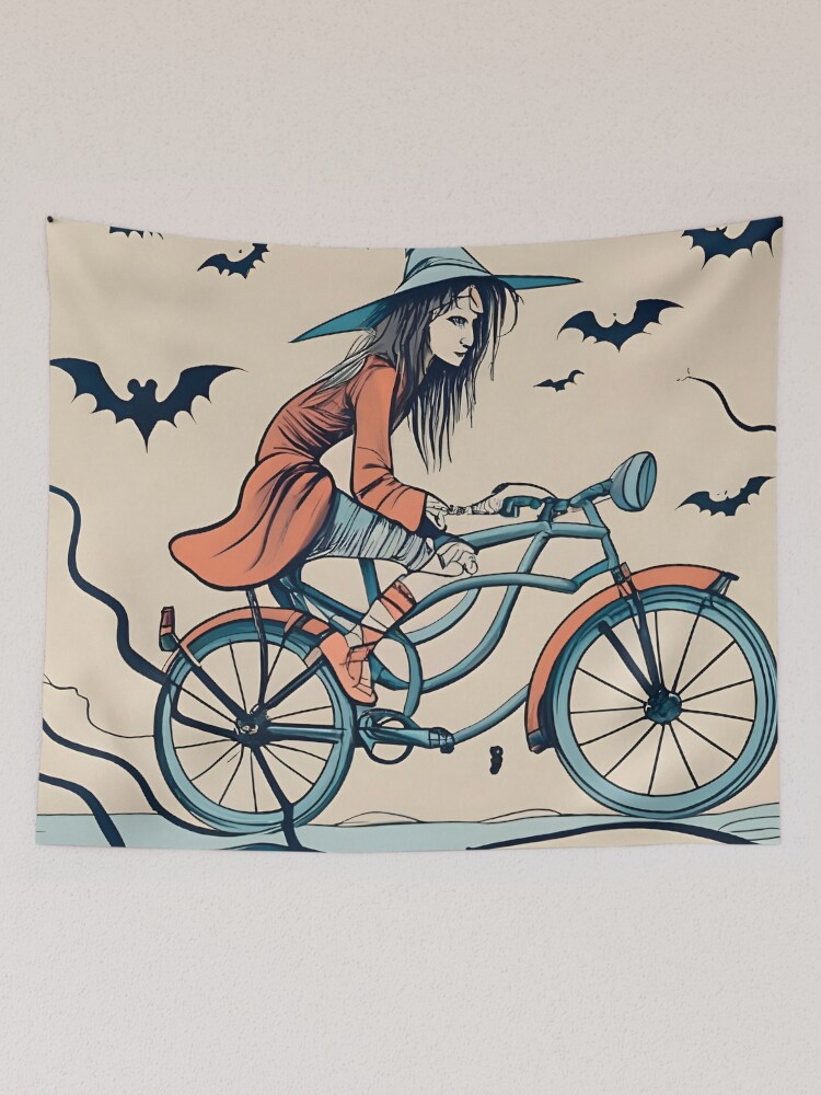 Thumbnail 2 of 3, Tapestry, Halloween Witch on a bicycle designed and sold by Patricks-Art.