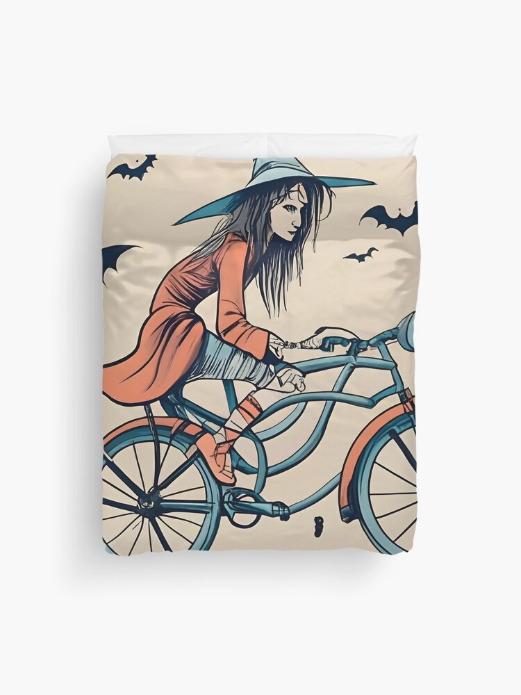 Thumbnail 1 of 2, Duvet Cover, Halloween Witch on a bicycle designed and sold by Patricks-Art.