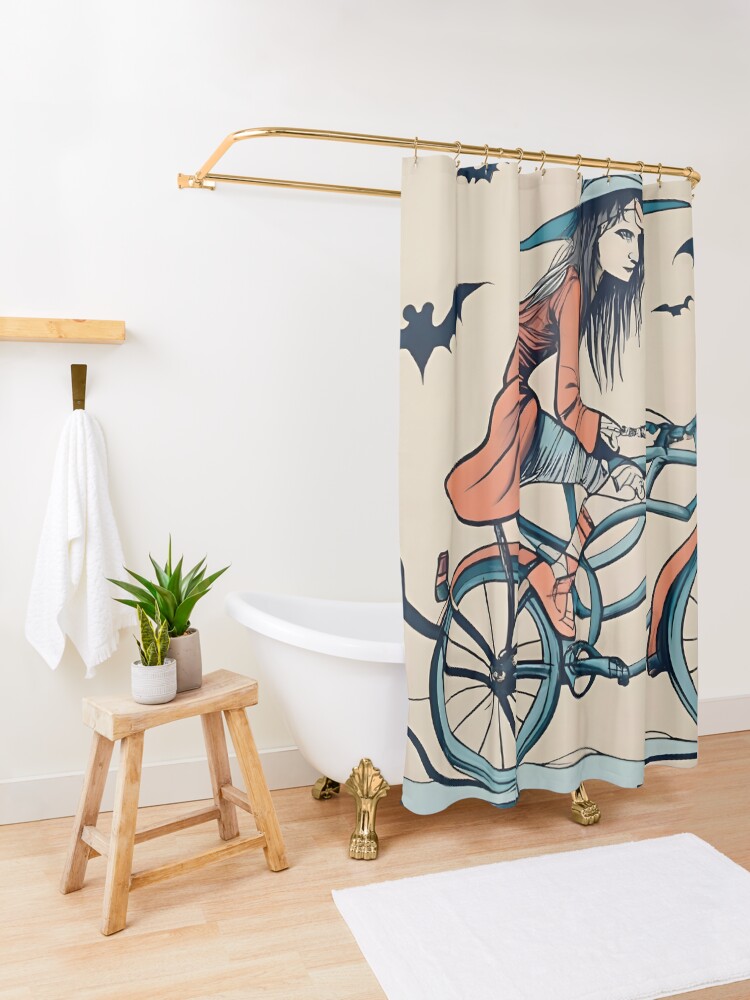 Thumbnail 3 of 5, Shower Curtain, Halloween Witch on a bicycle designed and sold by Patricks-Art.