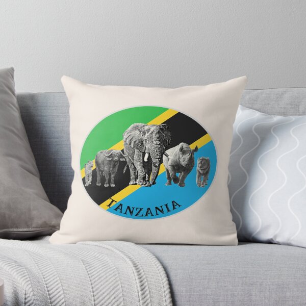 Proudly Tanzania Big 5 on Tanzania Flag for Wildlife Fans Throw Pillow