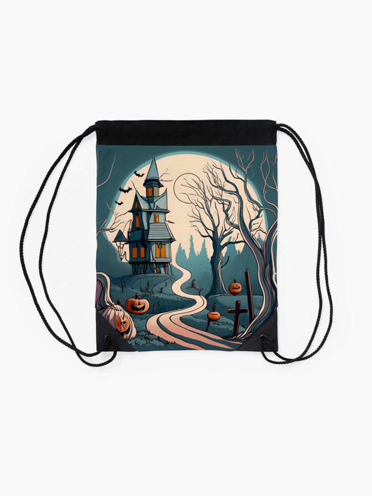 Thumbnail 2 of 3, Drawstring Bag, Halloween Spooky path to scary house designed and sold by Patricks-Art.