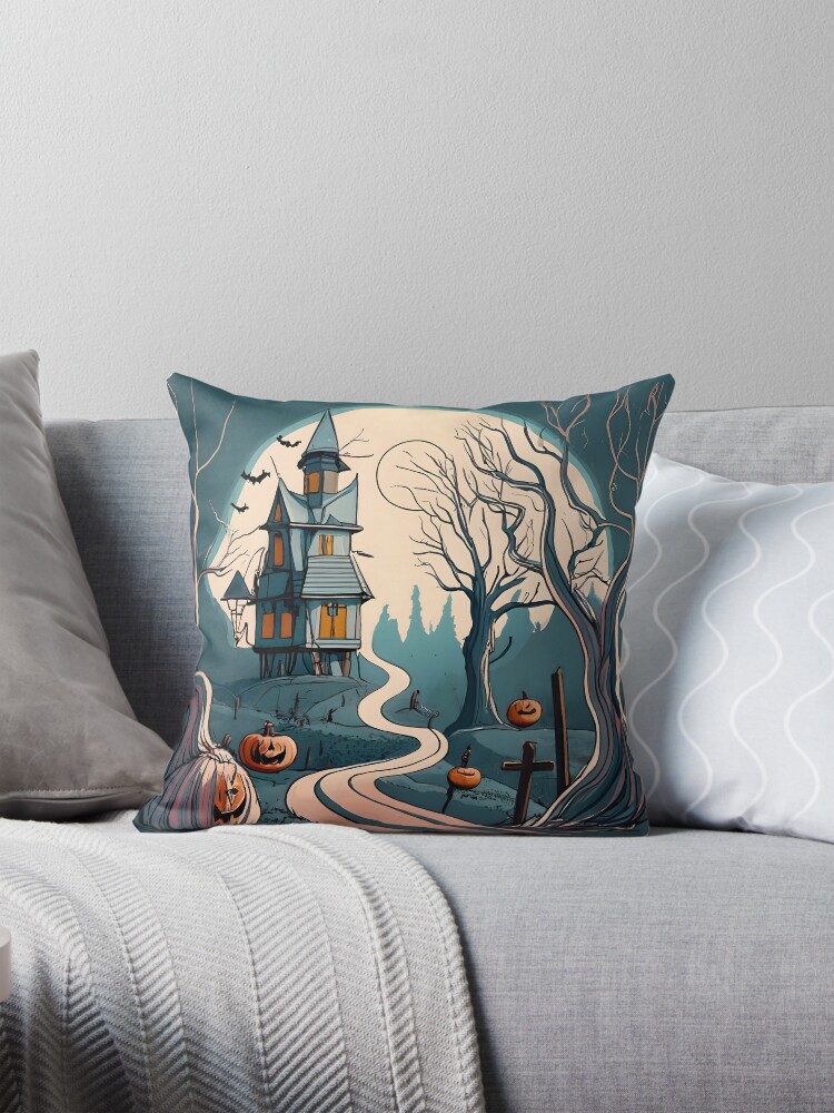 Thumbnail 1 of 4, Pillow, Halloween Spooky path to scary house designed and sold by Patricks-Art.