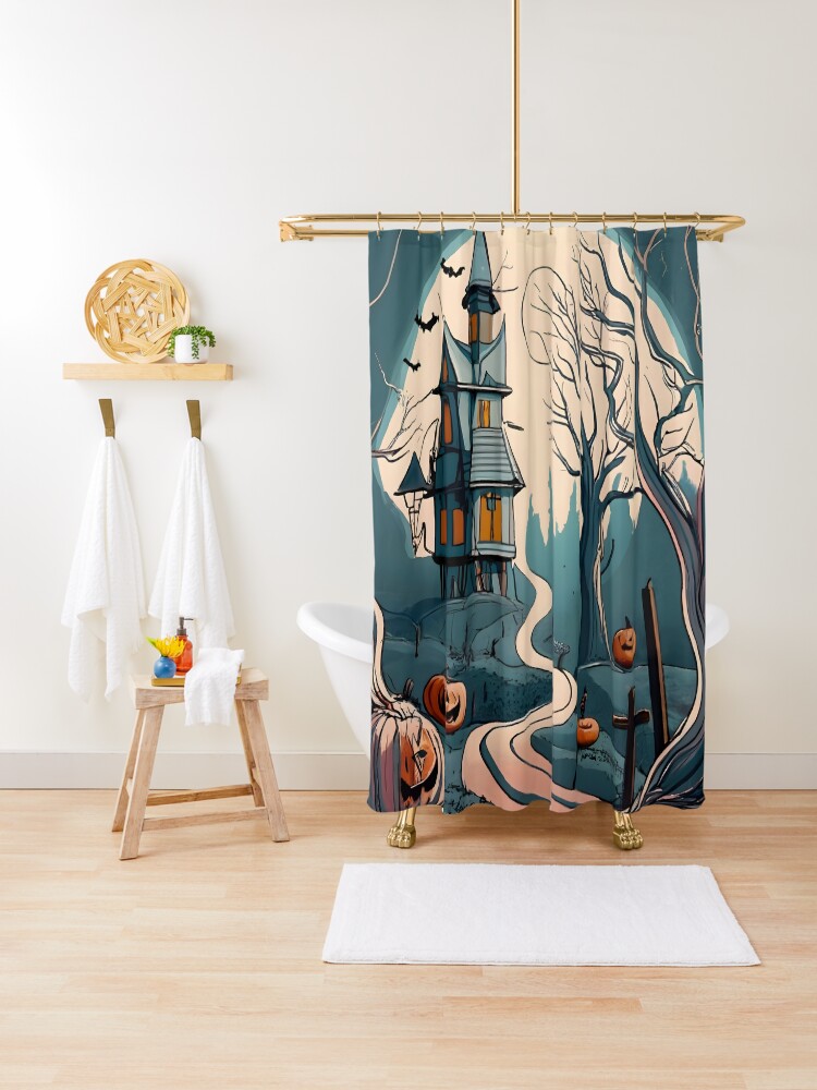 Thumbnail 1 of 5, Shower Curtain, Halloween Spooky path to scary house designed and sold by Patricks-Art.