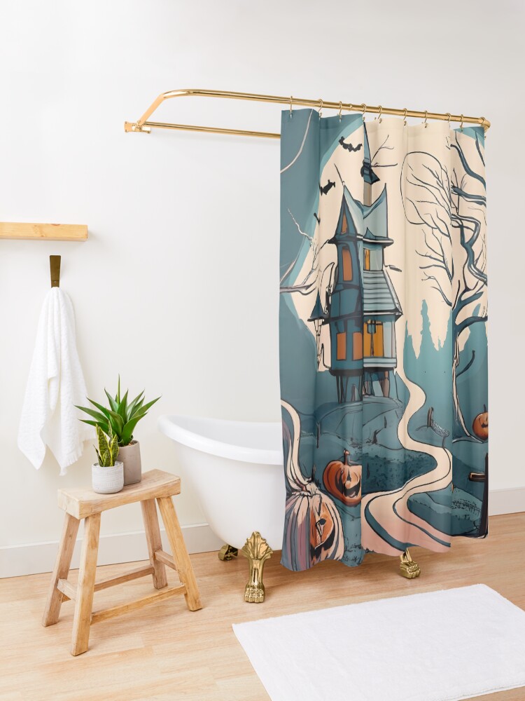 Thumbnail 3 of 5, Shower Curtain, Halloween Spooky path to scary house designed and sold by Patricks-Art.