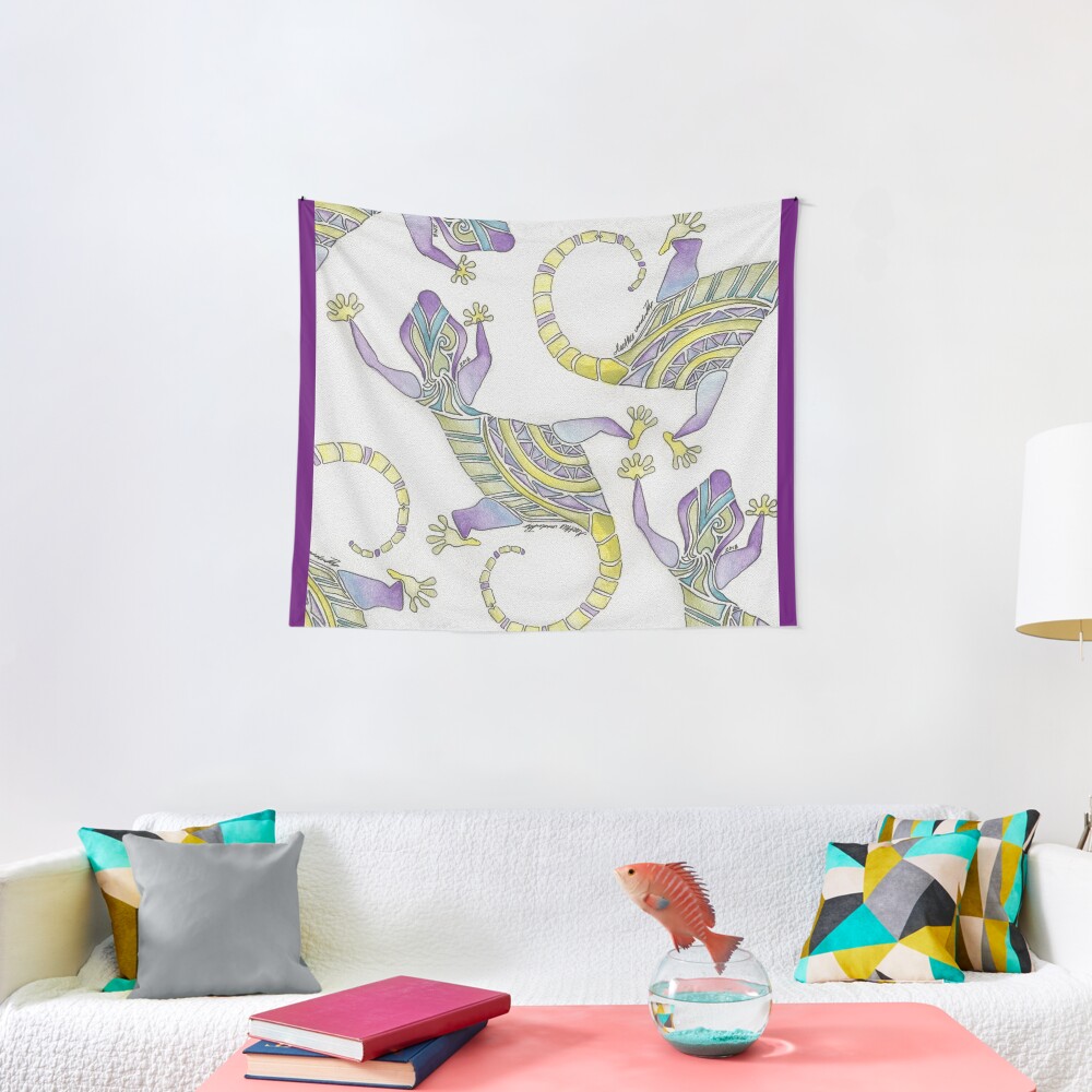 Watercolor Painted Mosaic Gecko Tapestry
