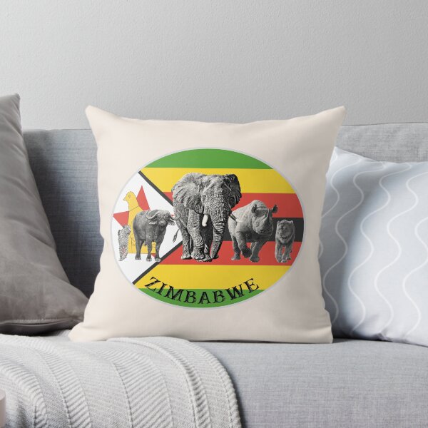 Proudly Zimbabwe Big 5 on Zimbabwe Flag for Wildlife Fans Throw Pillow