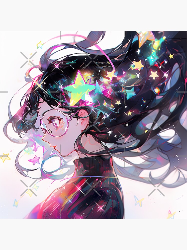 Beautiful Bright Neon Curly Hair Starry Anime Girl | Sticker