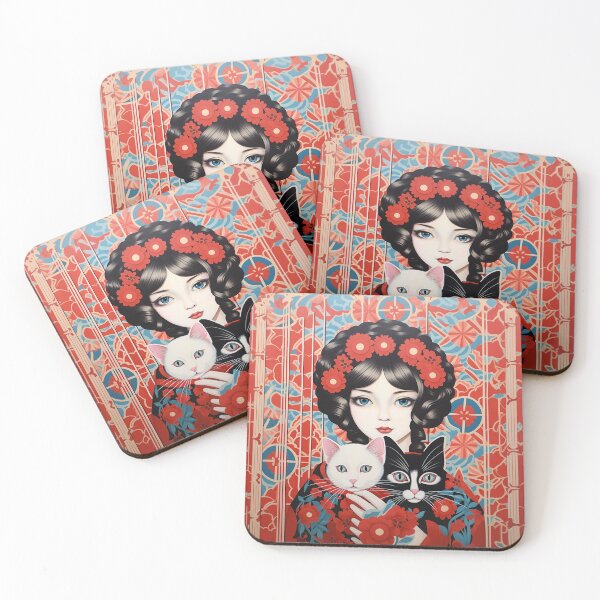 Item preview, Japanese girl with 2 cats designed and sold by Meeheemaha.
