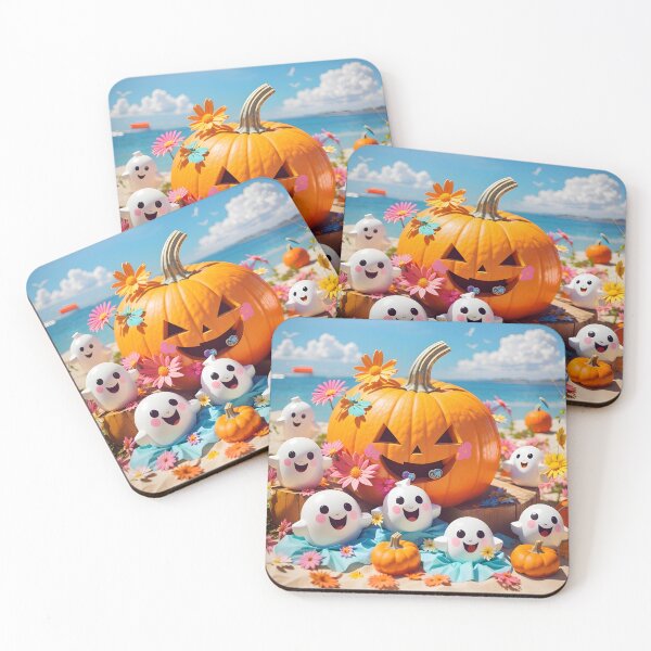 Item preview, "Kawaii Beach Fiesta: A Colorful Collage of Cute Ghosts, Happy Pumpkins, and Graffiti Art in the Summer Sun" designed and sold by ratchawoot.