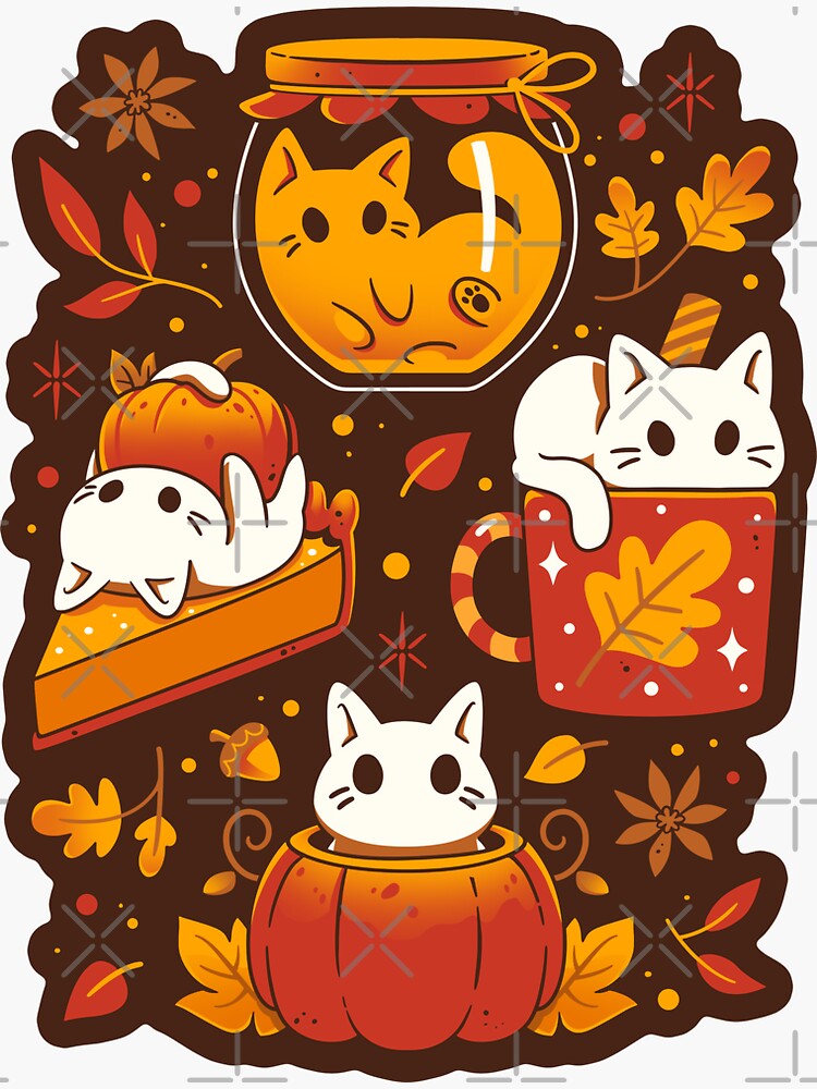 Thumbnail 3 of 3, Sticker, Pumpkin Party Kittens - Fall Cats designed and sold by Snouleaf.