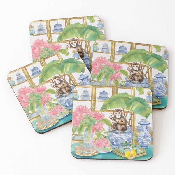 Item preview, Cute monkey, lemons and chinoiserie jars designed and sold by SophieClimaArt.