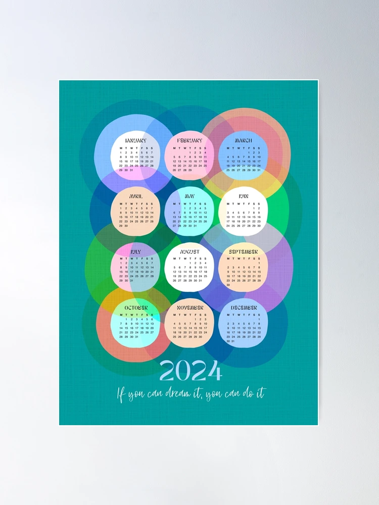 Poster for Sale avec l'œuvre « Calendrier 2024 abstrait Geo Rainbow 1.  Sarcelle » de l'artiste Dominiquevari