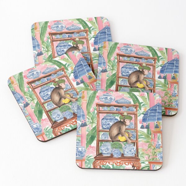 Item preview, Monkey on the shelf with chinoiserie jars designed and sold by SophieClimaArt.