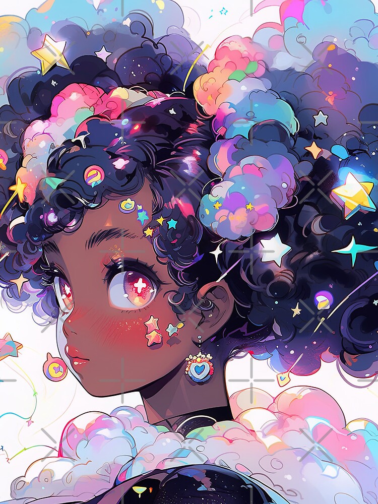 Beautiful Bright Neon Curly Hair Starry Anime Girl | Sticker