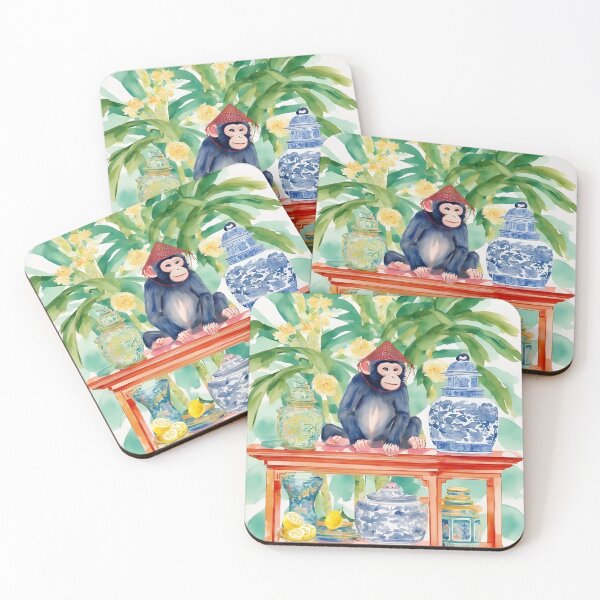 Item preview, Preppy monkey, lemons and chinoiserie jars designed and sold by SophieClimaArt.