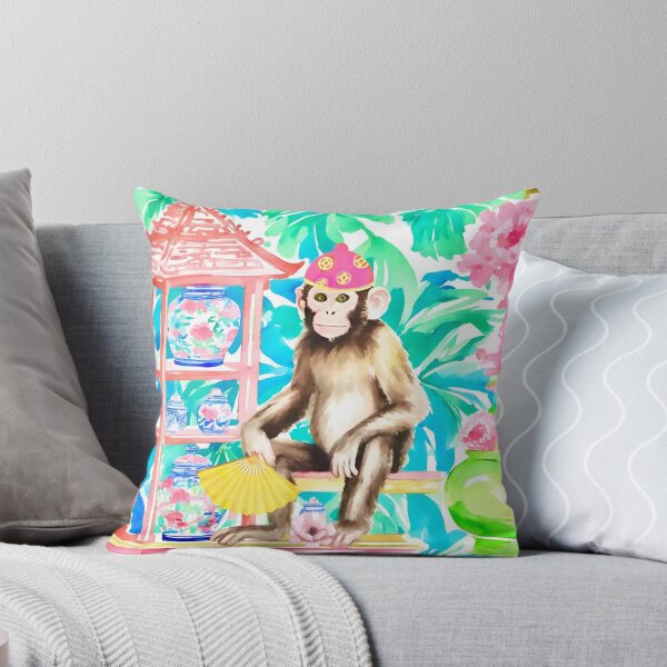 Item preview, Preppy monkey with yellow fan in chinoiserie interior designed and sold by SophieClimaArt.