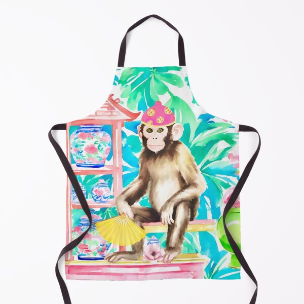 Item preview, Preppy monkey with yellow fan in chinoiserie interior designed and sold by SophieClimaArt.