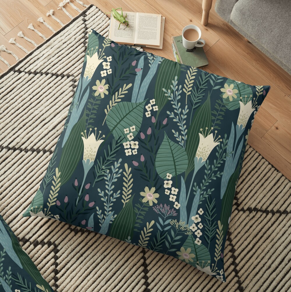 Wonderful Mid-Century Style Evening Lily And Wildflower Pattern Floor Pillow