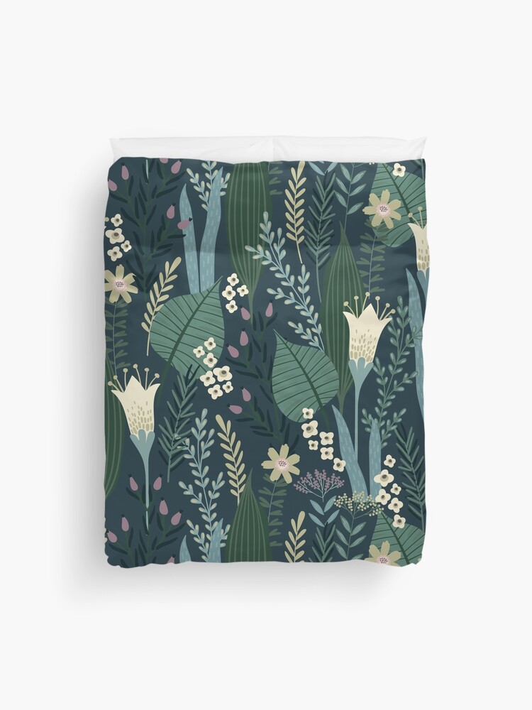 Thumbnail 1 of 2, Duvet Cover, Wonderful Mid-Century Style Evening Lily And Wildflower Pattern designed and sold by BunnyThePainter.