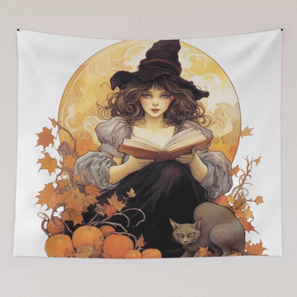 Item preview, Vintage witch reading a book with cat designed and sold by CreativeDecorCo.