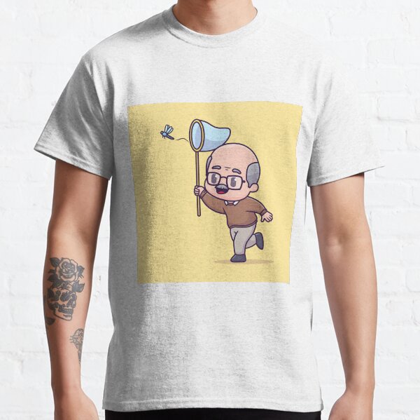 Item preview, Nostalgic Bliss: Grandfather Chasing Dragonflies - Cartoon Vector Illustration designed and sold by hjian8219.