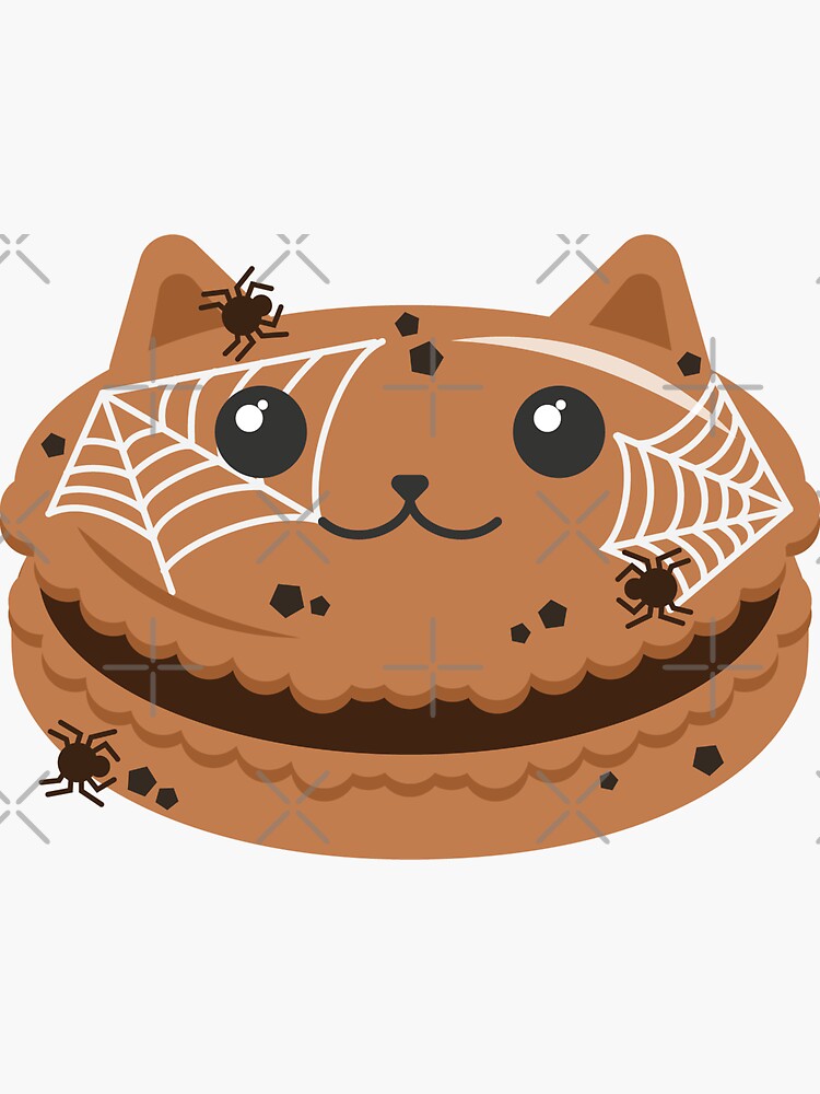 Thumbnail 3 of 3, Sticker, Chocolate Chip Cookie Spiderweb Spider Halloween Cute Kawaii Catarons Cat French Macarons Pastry Clipart designed and sold by sehana.