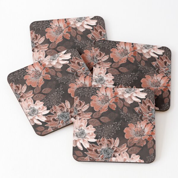 Item preview, Cream, terracotta flowers on a dark brown background.  designed and sold by marinaklykva.