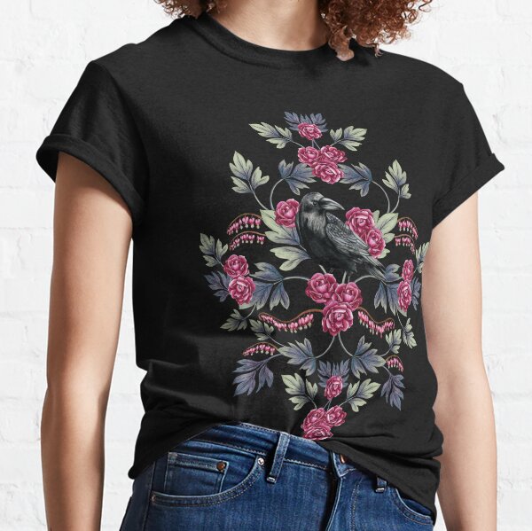 Crow, Bleeding Heart & Roses Floral/Botanical Pattern Classic T-Shirt