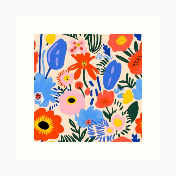Blue, red and pink messy floral pattern Art Print
