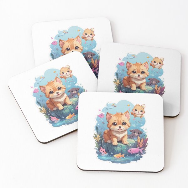 Item preview, Clipart of a cute kawaii cats and colorful fishes in water.  designed and sold by Vegasstickers.
