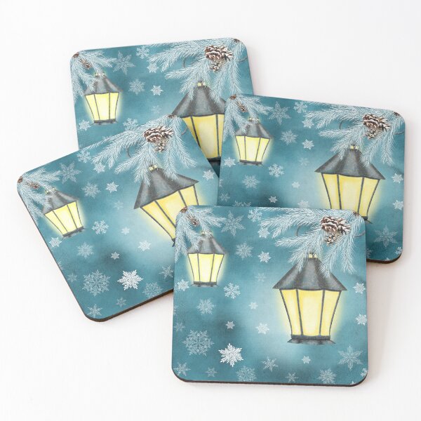 Item preview, Antique streetlamps watercolor illustration. Winter snowflakes fantasy background. Vintage streetlights. Spruce tree branches designed and sold by likapix.