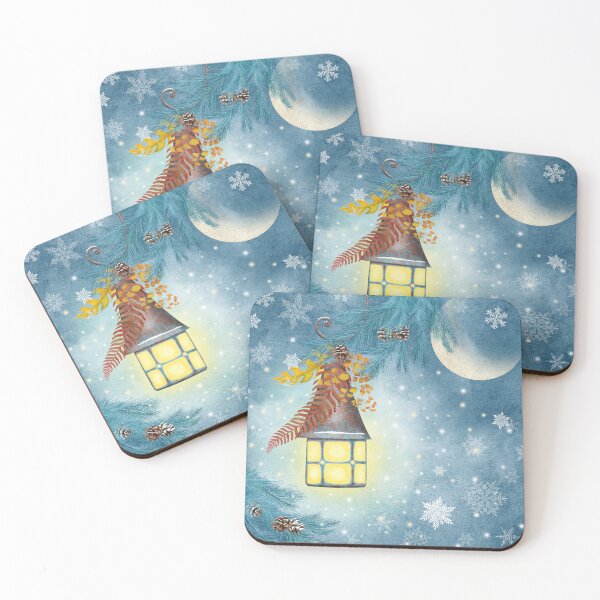 Item preview, Antique streetlight and snowflakes watercolor illustration. Magic winter moon night. Autumn leaves, snow pine tree branch designed and sold by likapix.