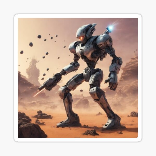 a robot fighting with bullets on an alien planet Sticker