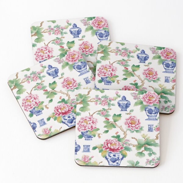 Item preview, Peonies and chinoiserie jars pattern designed and sold by SophieClimaArt.