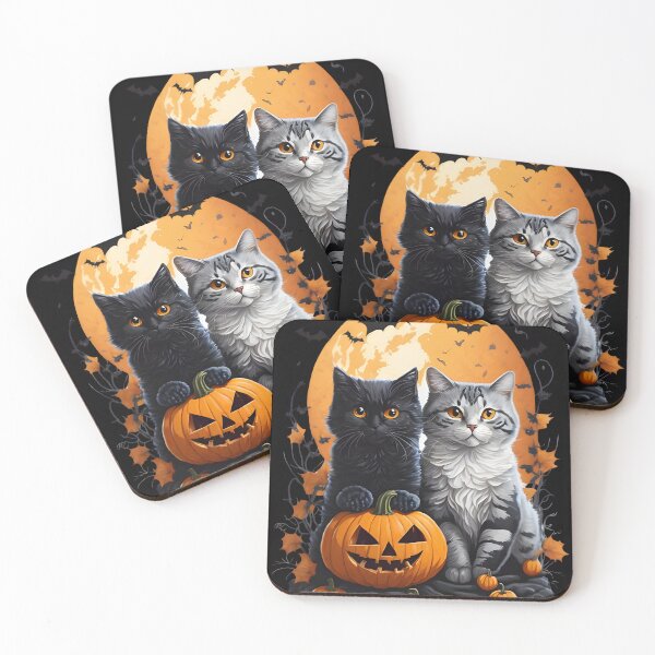 Item preview, "Harmonious Halloween: Cat Lovers Under the Big Full Moon with Black and White Couple Cats" designed and sold by ratchawoot.