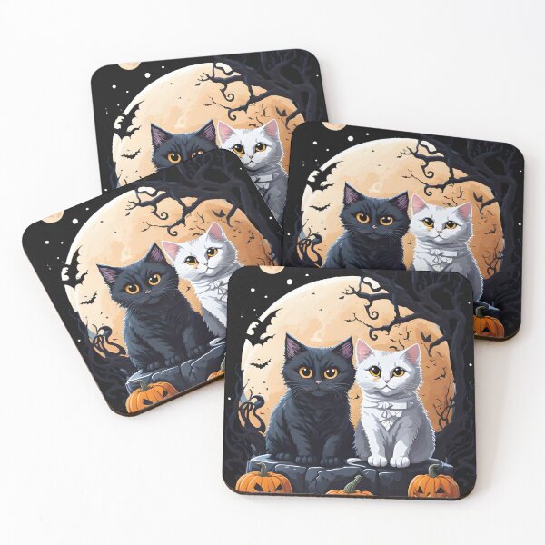 Item preview, "Harmonious Halloween: Cat Lovers Under the Big Full Moon with Black and White Couple Cats" designed and sold by ratchawoot.