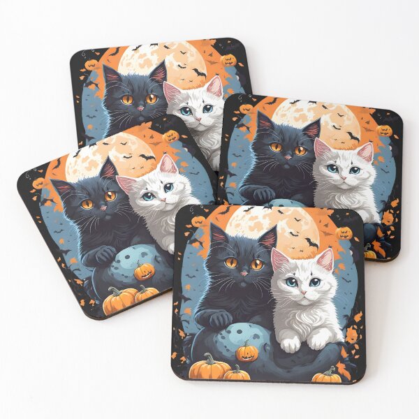 Item preview, "Harmonious Halloween: Cat Lovers Under the Big Full Moon with Black and White Couple Cats" designed and sold by ratchawoot.