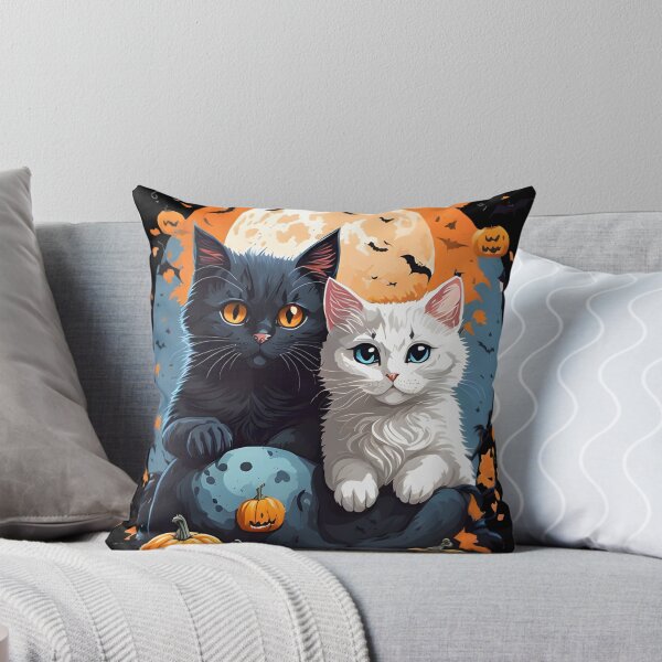 Item preview, "Harmonious Halloween: Cat Lovers Under the Big Full Moon with Black and White Couple Cats" designed and sold by ratchawoot.