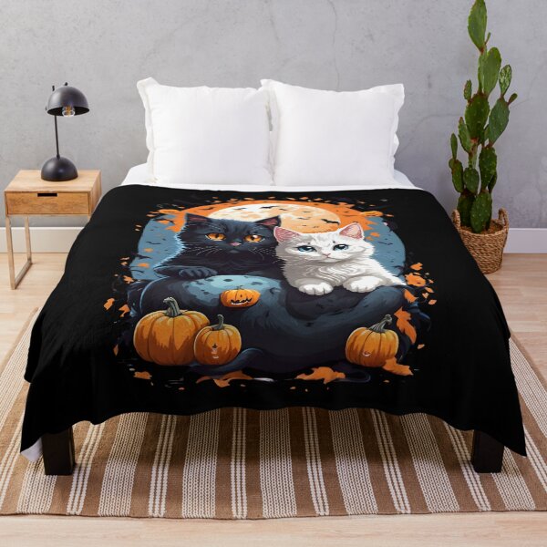 Item preview, "Harmonious Halloween: Cat Lovers Under the Big Full Moon with Black and White Couple Cats" designed and sold by ratchawoot.