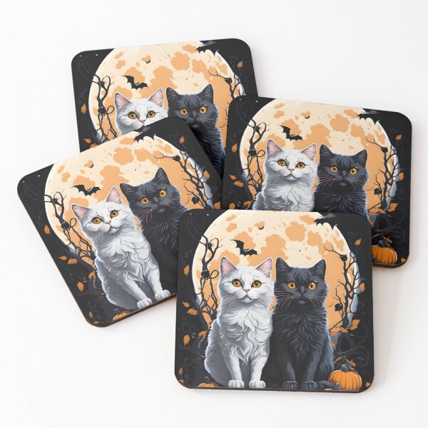 Item preview, "Harmonious Halloween: Cat Lovers Under the Big Full Moon with Black and White Couple Cats" designed and sold by ratchawoot.